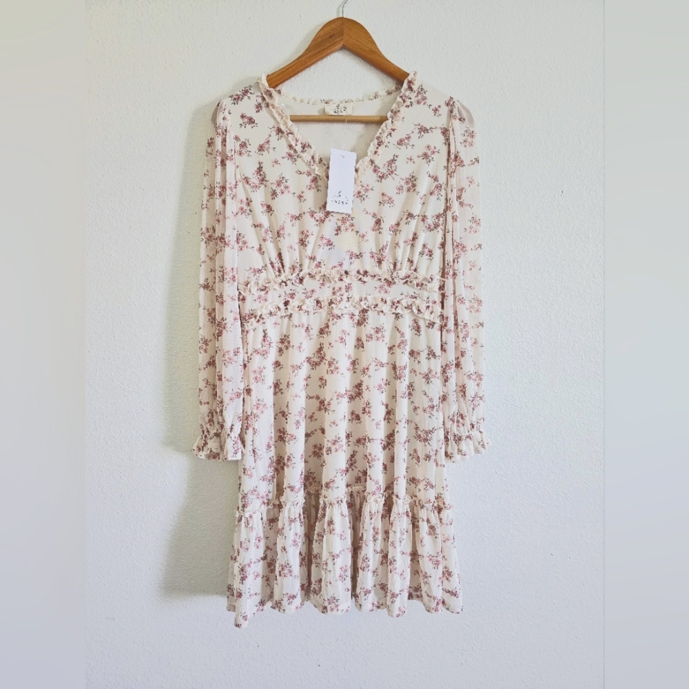 Spring Floral Cream Mesh Long Sleeve Dress